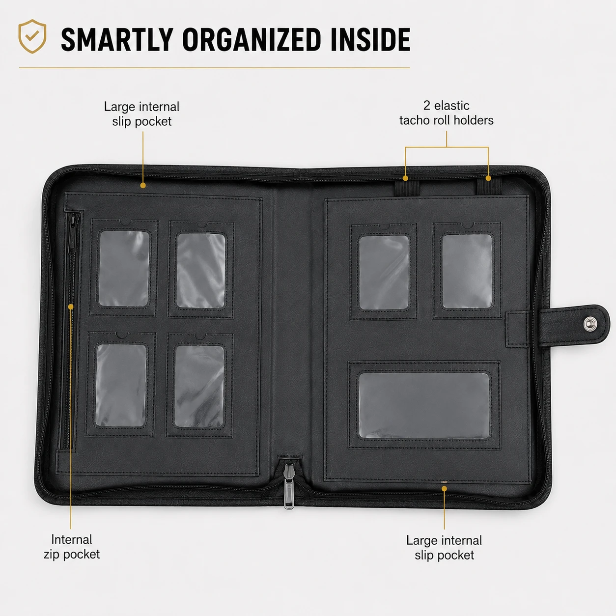 HGV Drivers Diary folder showing internal storage pockets and tacho roll holders